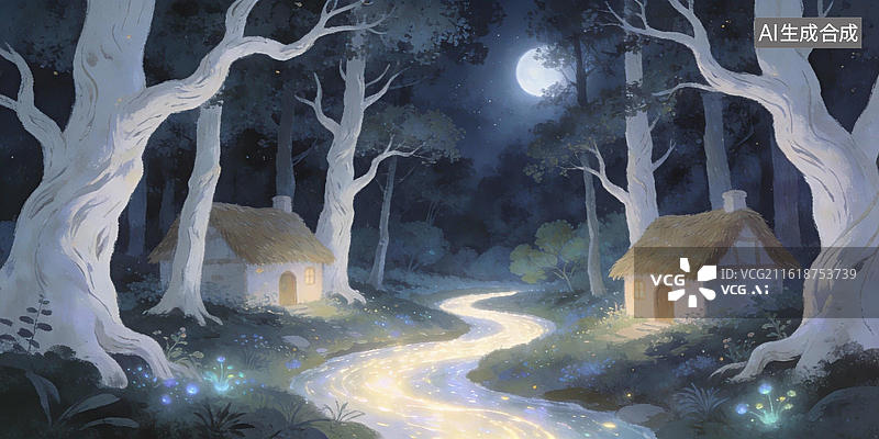 【AI数字艺术】月光森林中的童话小屋图片素材