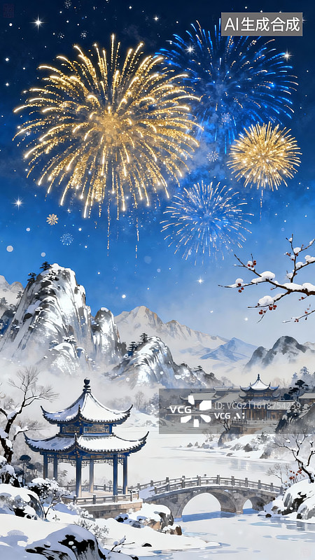 【AI数字艺术】雪夜烟花映古亭图片素材