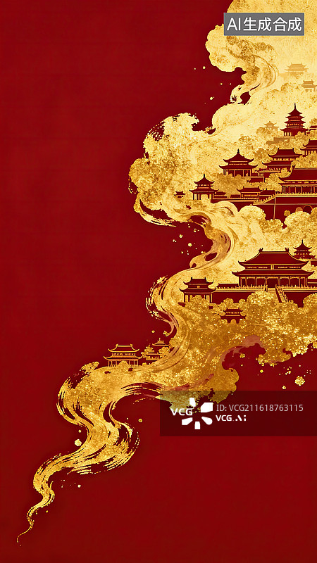 【AI数字艺术】金色古建筑云雾缭绕图图片素材