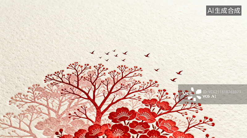 【AI数字艺术】红色树木与飞鸟图案的艺术设计图片素材
