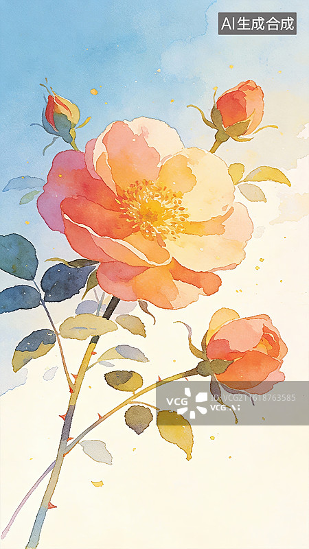 【AI数字艺术】水彩画中的玫瑰花与花蕾图片素材