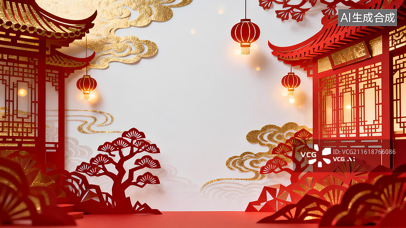 【AI数字艺术】中国传统剪纸春节建筑场景图片素材