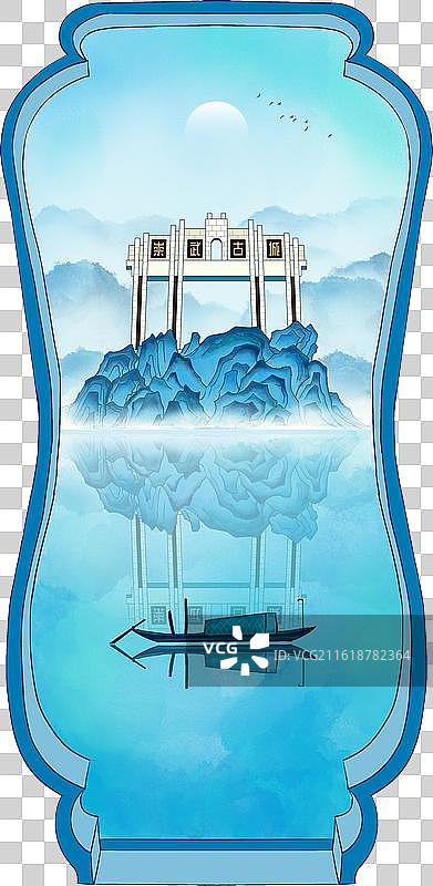 中式园林框架建筑插画-泉州崇武古城图片素材