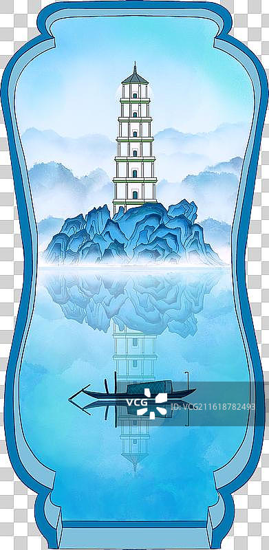 中式园林框架建筑插画-福州白塔图片素材