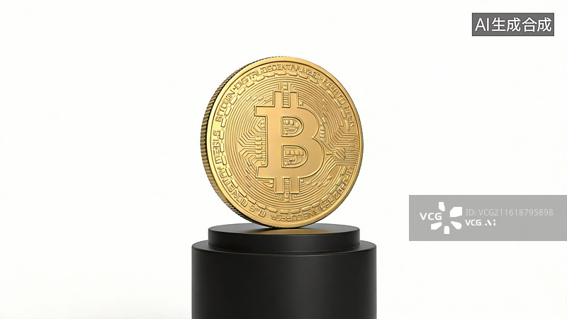 【AI数字艺术】金色比特币置于黑色底座图片素材