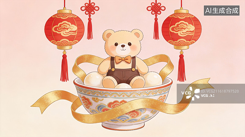 【AI数字艺术】泰迪熊坐在碗中，挂有灯笼图片素材
