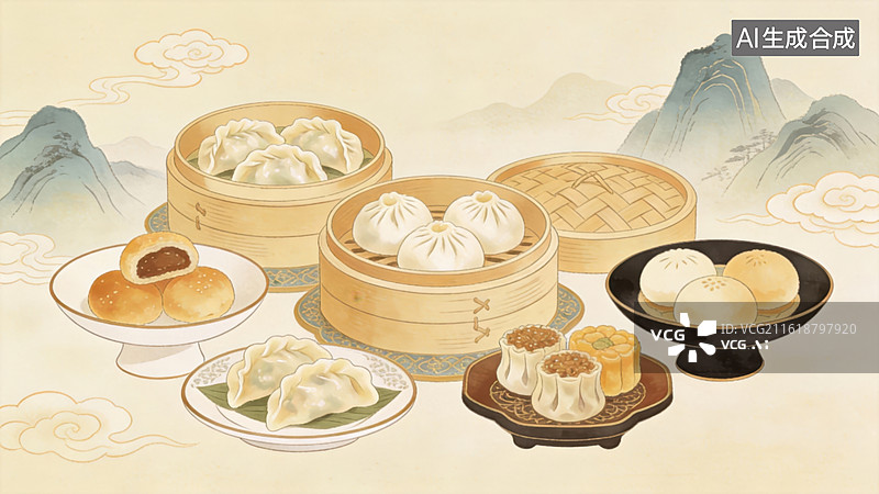 【AI数字艺术】中式点心蒸笼摆盘图片素材