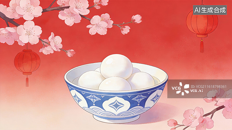 【AI数字艺术】碗中汤圆与樱花红灯图片素材