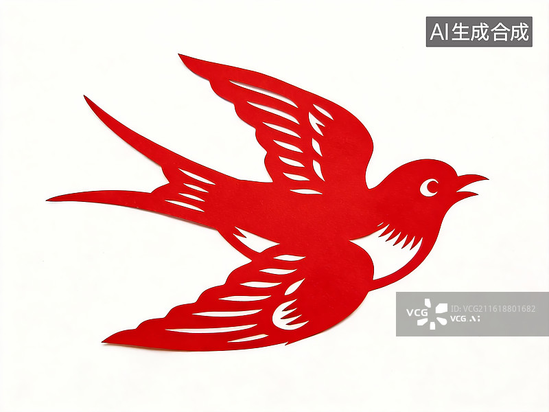 【AI数字艺术】红色剪纸飞鸟图案图片素材