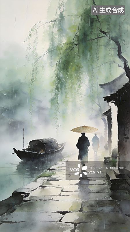 【AI数字艺术】雨中古巷行人撑伞图片素材