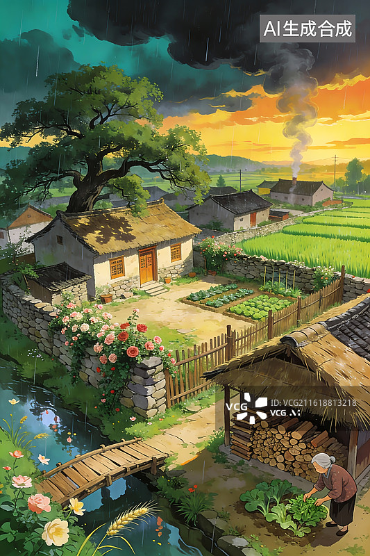 【AI数字艺术】雨后乡村田园风光图片素材