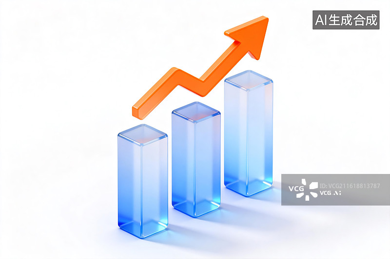 【AI数字艺术】3D渲染，透明柱形图和上升箭头图片素材