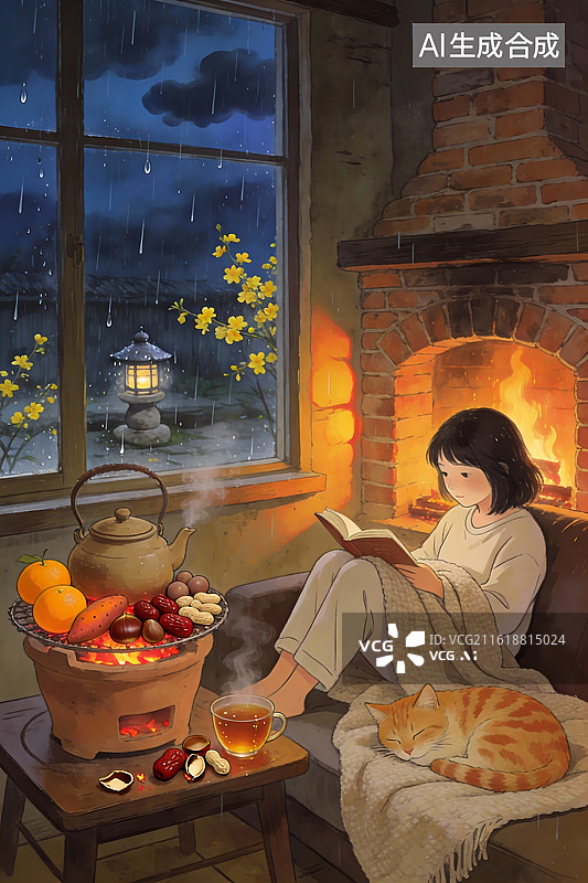 【AI数字艺术】雨夜暖炉旁阅读的女子图片素材
