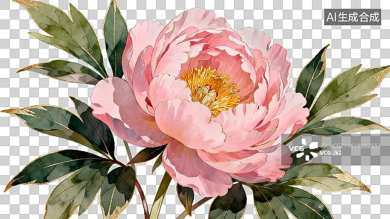 【AI数字艺术】粉色牡丹花与绿叶的精美插画图片素材