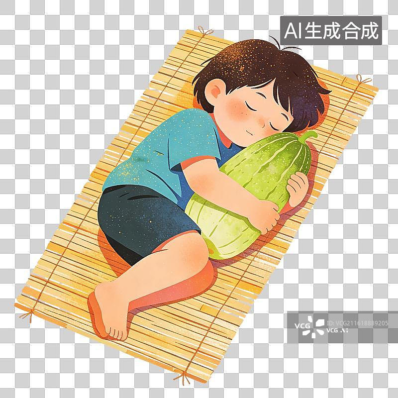 【AI数字艺术】夏天抱着冬瓜午睡的男孩插画图片素材