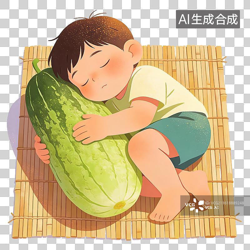 【AI数字艺术】夏天抱着冬瓜午睡的男孩插画图片素材