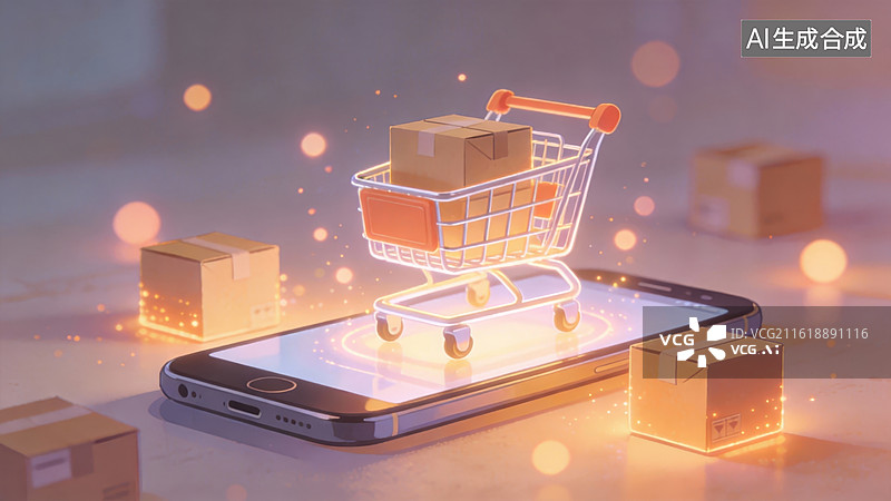 【AI数字艺术】手机上的购物车与包裹图片素材