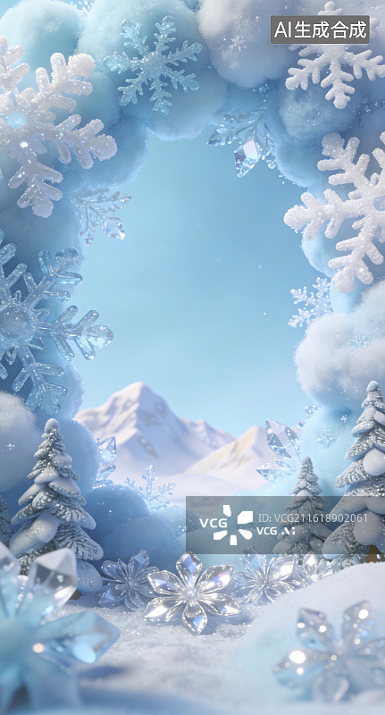 【AI数字艺术】3D粘土风冬日冰雪主题四周环绕着云朵冰晶雪花雪山松树图片素材