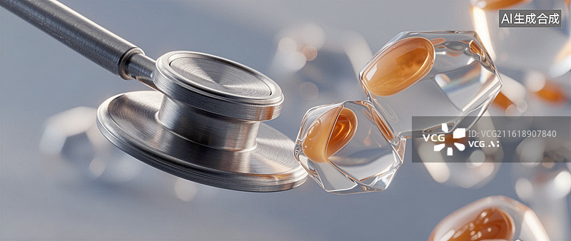【AI数字艺术】听诊器与透明胶囊的医疗场景图片素材