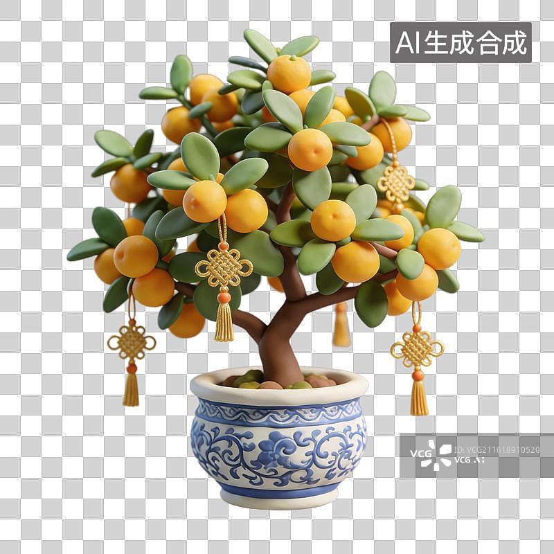 【AI数字艺术】3D粘土风带中国结的金桔盆栽年俗吉祥寓意元素图片素材
