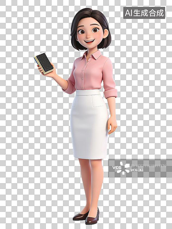 【AI数字艺术】短发女性，面带微笑，手持板擦，身穿粉色衬衫白色裙子，棕色高跟鞋，职业装扮，姿态优雅图片素材