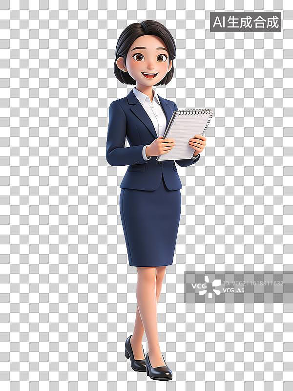 【AI数字艺术】年轻女性，面带微笑，手持家庭作业笔记本，身穿深蓝色西装套裙，搭配白色衬衫和黑色高跟鞋，职业形象图片素材