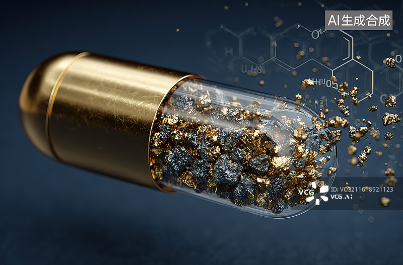 【AI数字艺术】胶囊内含金属颗粒与分子结构图片素材