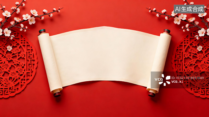 【AI数字艺术】红色新春卷轴梅花装饰背景图片素材