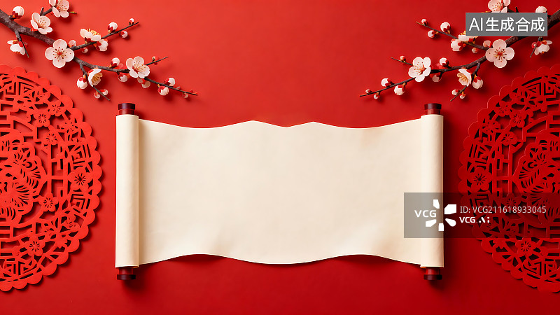 【AI数字艺术】红色新春卷轴梅花装饰背景图片素材