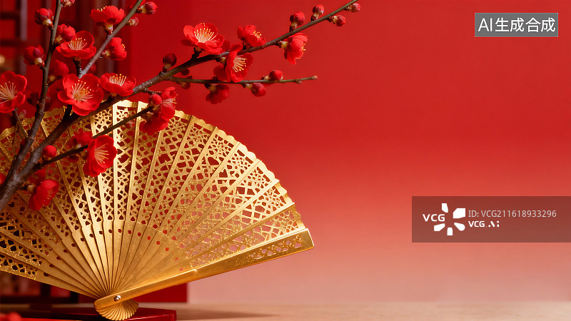 【AI数字艺术】红底金扇梅花新春装饰场景图片素材