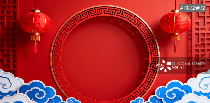 【AI数字艺术】红底中式灯笼祥云镂空边框背景图片素材