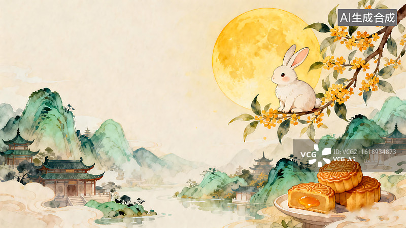 【AI数字艺术】中秋玉兔桂花圆月月饼国风插画图片素材