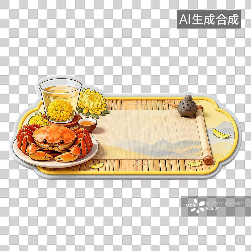 【AI数字艺术】秋日美食菊花蟹茶卷轴场景图片素材