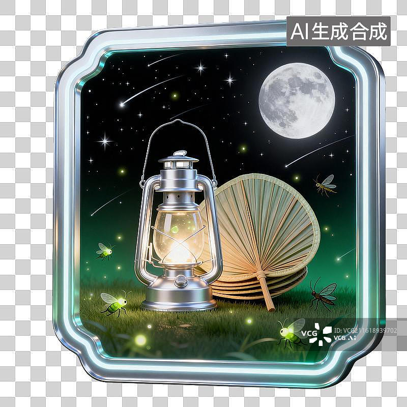 【AI数字艺术】月夜下的煤油灯与蒲扇图片素材