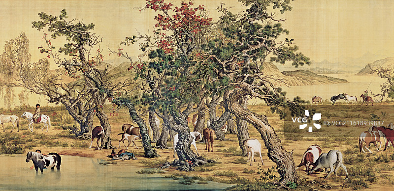 中国清代郎世宁百骏图中国画工笔画图片素材