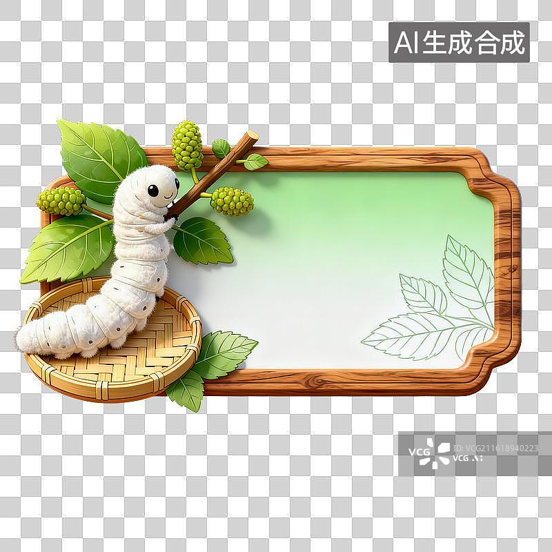 【AI数字艺术】蚕与桑叶装饰的木质边框图片素材