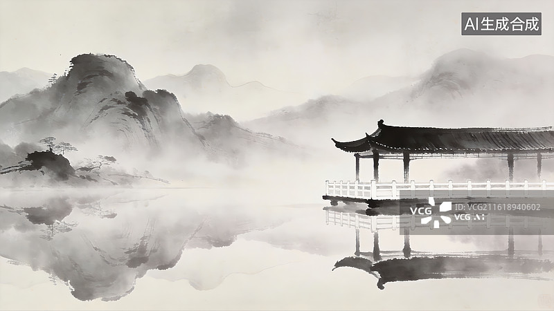 【AI数字艺术】水墨山水亭台倒影图片素材
