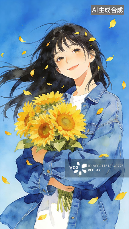 【AI数字艺术】少女手持向日葵花束图片素材