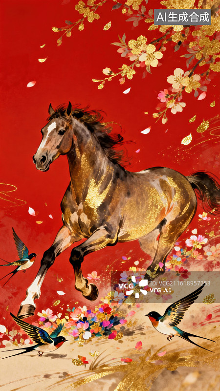 【AI数字艺术】奔马踏花，燕飞春景图片素材