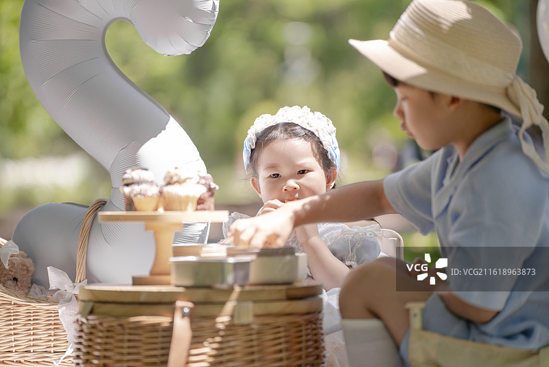 野外草坪上两个小孩享受西式生日野餐时吃蛋糕特写图片素材