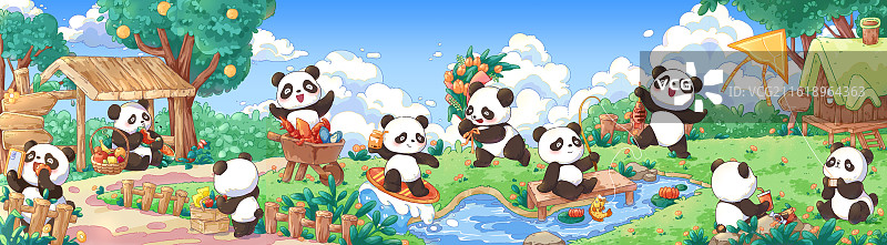 熊猫乐园卡通手绘长卷插画图片素材