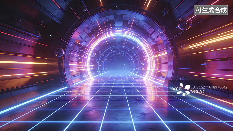 【AI数字艺术】赛博朋克风格霓虹隧道图片素材