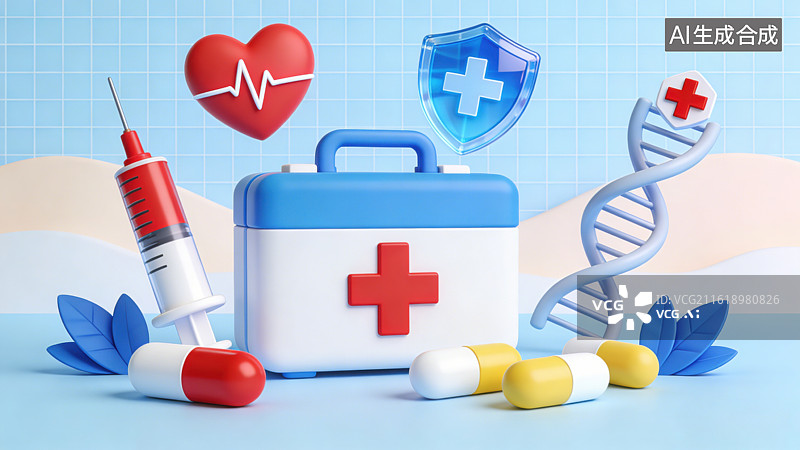 【AI数字艺术】3D卡通粘土风医疗健康主题急救箱注射器带心电图线条的红色爱心蓝色盾牌DNA胶囊图片素材