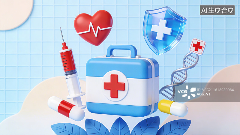 【AI数字艺术】3D卡通粘土风医疗健康主题急救箱注射器带心电图线条的红色爱心蓝色盾牌DNA胶囊图片素材