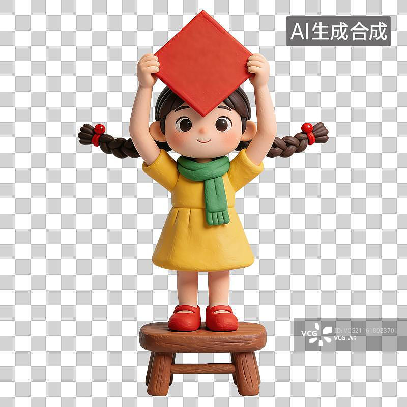 【AI数字艺术】3D立体春节过年小女孩拿着福字春联元素图片素材