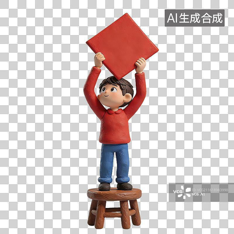 【AI数字艺术】3D立体春节过年小男孩拿着福字春联元素图片素材
