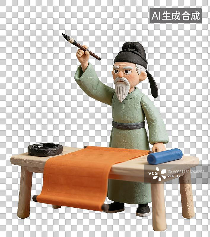 【AI数字艺术】3D粘土风穿着传统汉服的男子在桌前拿着毛笔在红纸上写春联文房书写场景元素图片素材