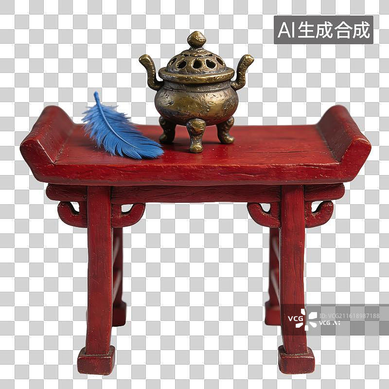 【AI数字艺术】3D粘土风中式案几上摆放着青铜色的三足香炉图片素材