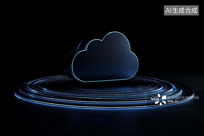 【AI数字艺术】发光云朵图标置于蓝色光环环绕的黑暗背景中图片素材