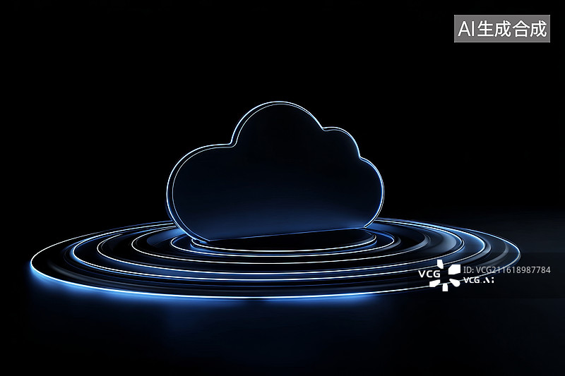 【AI数字艺术】发光云朵置于蓝色光环环绕的黑暗背景中图片素材